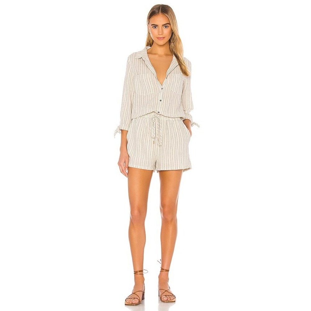 Heartloom Women Blue Striped Cotton Button Front Romper Small beachy summer